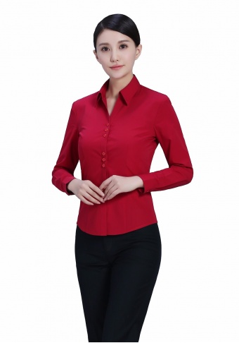 衬衫枣红女红色V领长袖衬衫